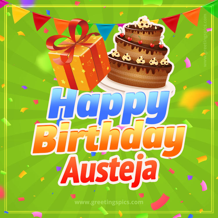 Happy Birthday Austeja picture with flags, chocolate cake and gift box (square shape image)