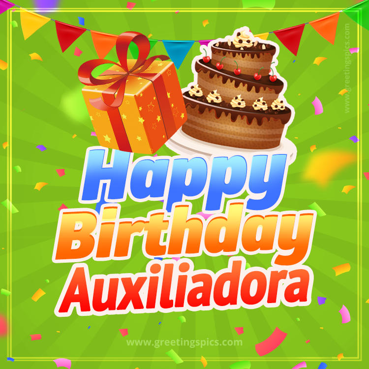 Happy Birthday Auxiliadora picture with flags, chocolate cake and gift box (square shape image)