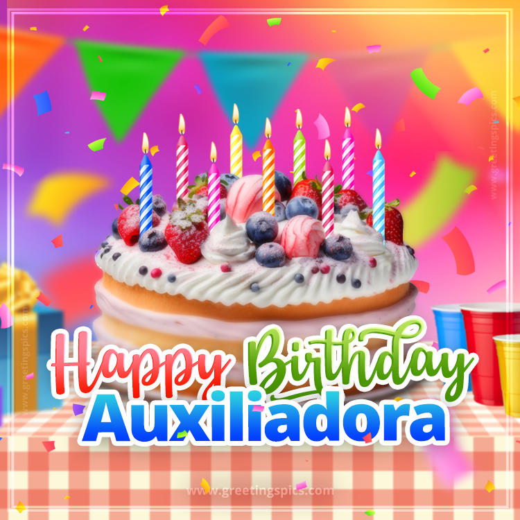 Happy Birthday Auxiliadora Colorful Image with fruit cake and candles (square shape image)