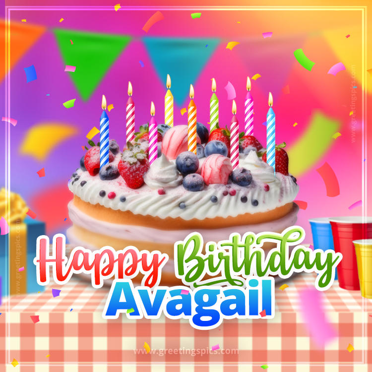 Happy Birthday Avagail Colorful Image with fruit cake and candles (square shape image)