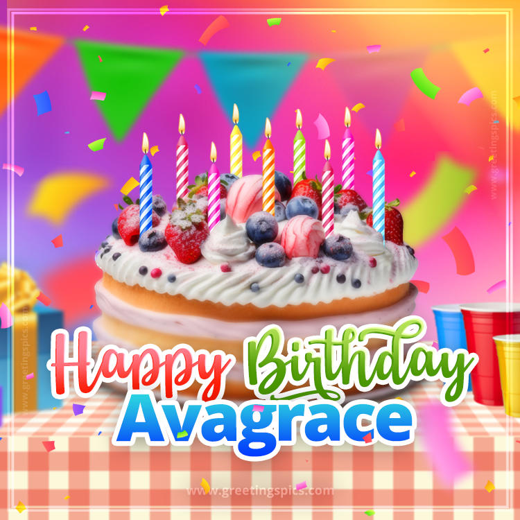 Happy Birthday Avagrace Colorful Image with fruit cake and candles (square shape image)