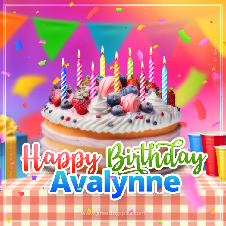 Happy Birthday Avalynne Colorful Image with fruit cake and candles (square shape image)