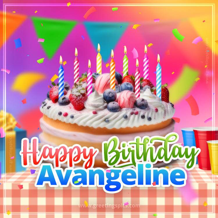 Happy Birthday Avangeline Colorful Image with fruit cake and candles (square shape image)