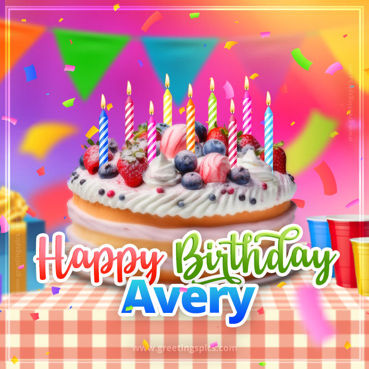 Happy Birthday Avery Colorful Image with fruit cake and candles (square shape image)