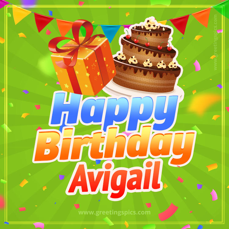 Happy Birthday Avigail picture with flags, chocolate cake and gift box (square shape image)