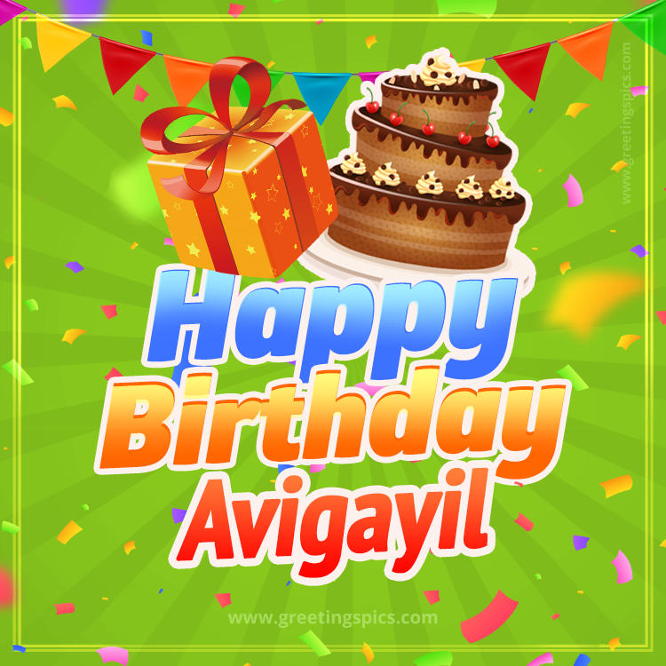 Happy Birthday Avigayil picture with flags, chocolate cake and gift box (square shape image)