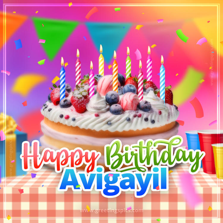 Happy Birthday Avigayil Colorful Image with fruit cake and candles (square shape image)