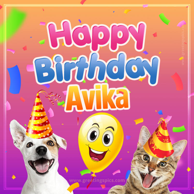 Happy Birthday Avika Funny Image with cat and dog (square shape image)