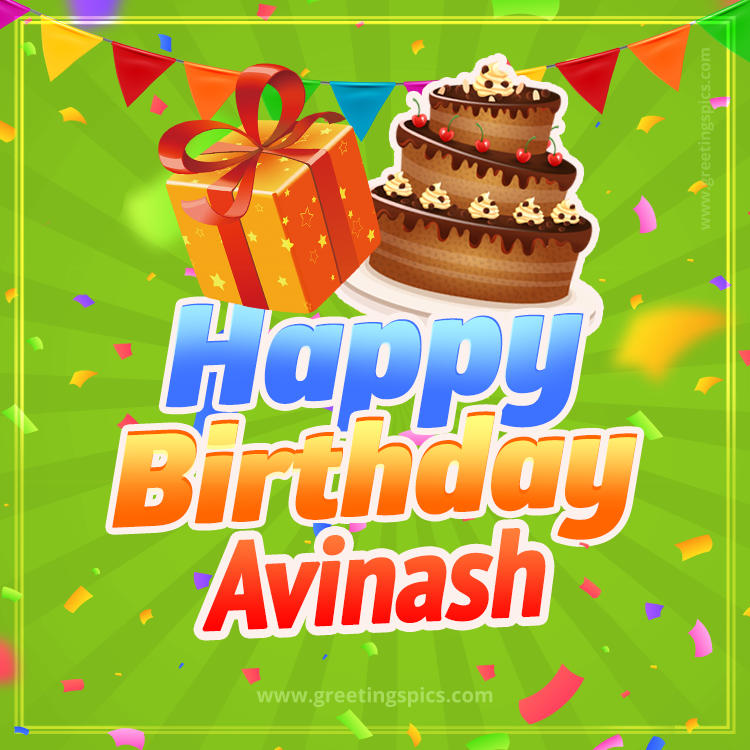 Happy Birthday Avinash picture with flags, chocolate cake and gift box (square shape image)