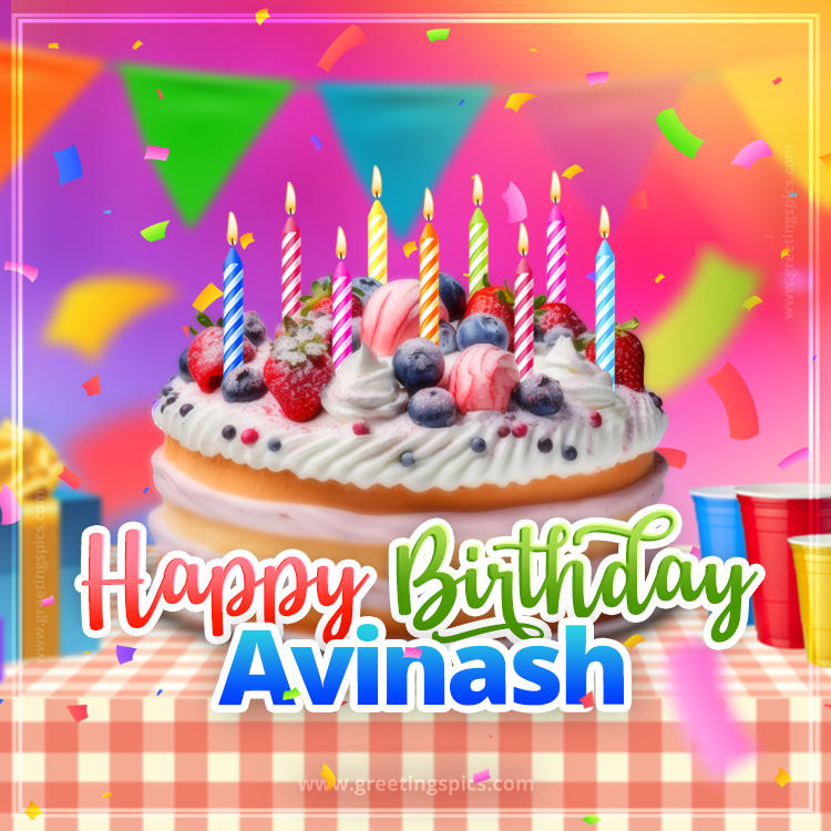 Happy Birthday Avinash Colorful Image with fruit cake and candles (square shape image)