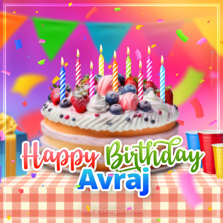 Happy Birthday Avraj Colorful Image with fruit cake and candles (square shape image)