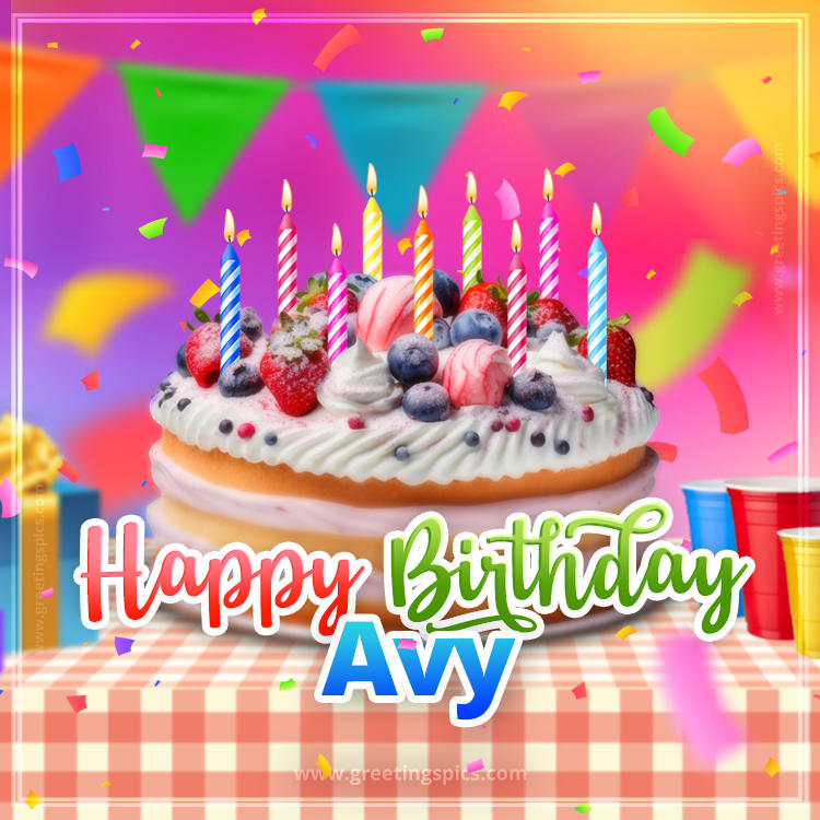 Happy Birthday Avy Colorful Image with fruit cake and candles (square shape image)