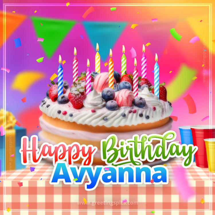 Happy Birthday Avyanna Colorful Image with fruit cake and candles (square shape image)