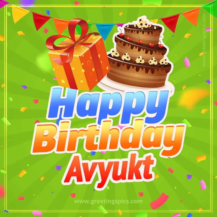 Happy Birthday Avyukt picture with flags, chocolate cake and gift box (square shape image)