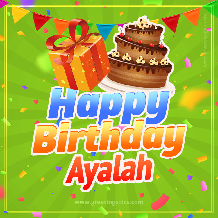 Happy Birthday Ayalah picture with flags, chocolate cake and gift box (square shape image)