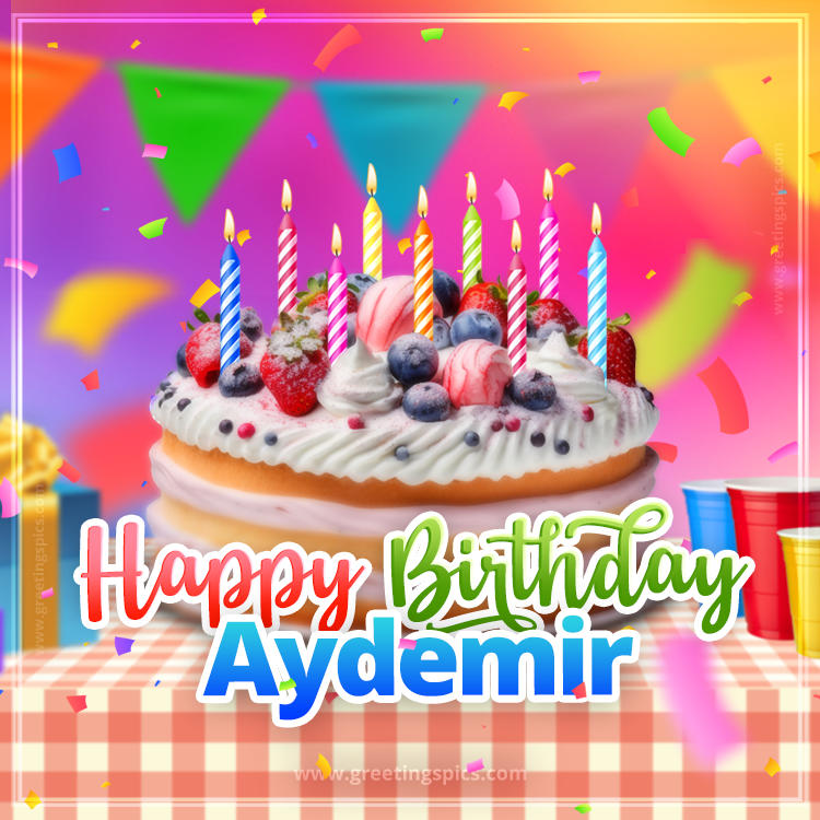 Happy Birthday Aydemir Colorful Image with fruit cake and candles (square shape image)