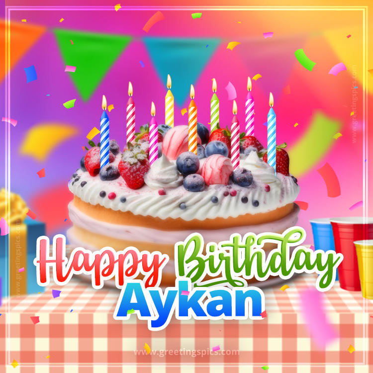 Happy Birthday Aykan Colorful Image with fruit cake and candles (square shape image)