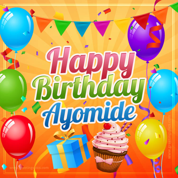 Happy Birthday Ayomide eCard with gift box and cupcake (square shape image)