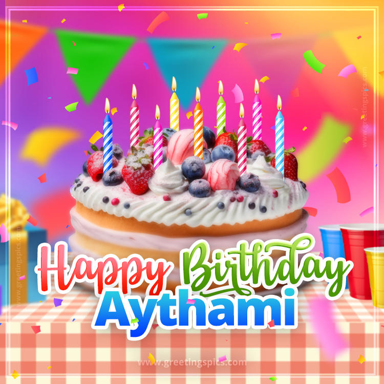 Happy Birthday Aythami Colorful Image with fruit cake and candles (square shape image)