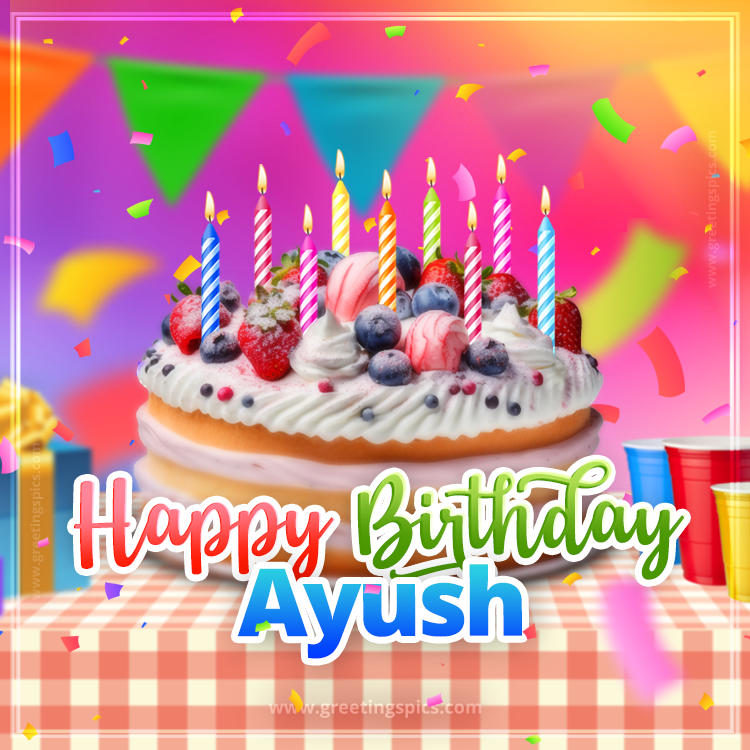 Happy Birthday Ayush Colorful Image with fruit cake and candles (square shape image)