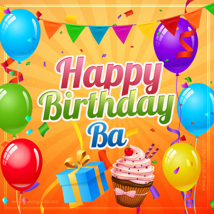 Happy Birthday Ba eCard with gift box and cupcake (square shape image)