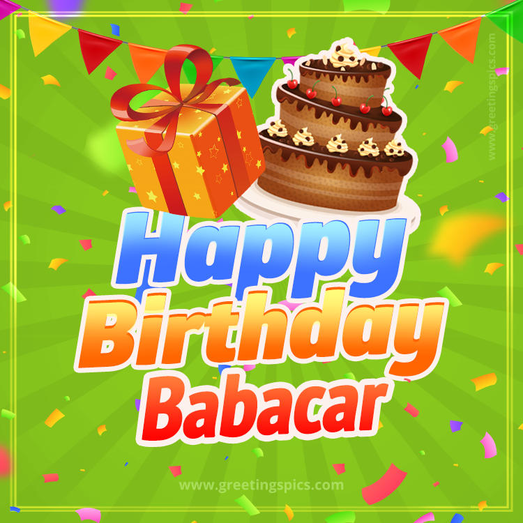 Happy Birthday Babacar picture with flags, chocolate cake and gift box (square shape image)