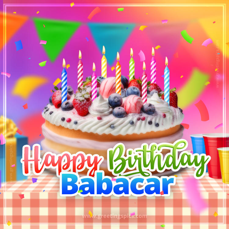 Happy Birthday Babacar Colorful Image with fruit cake and candles (square shape image)