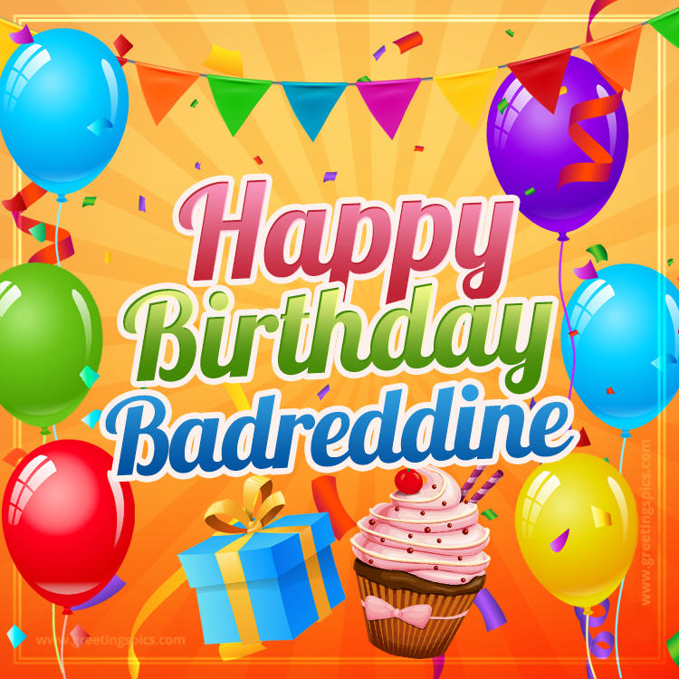 Happy Birthday Badreddine eCard with gift box and cupcake (square shape image)