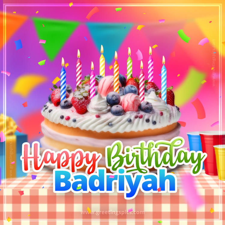 Happy Birthday Badriyah Colorful Image with fruit cake and candles (square shape image)