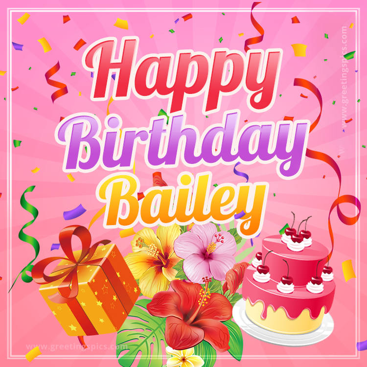 Beautiful Birthday Card for Bailey with Cake and bouquet of flowers (square shape image)