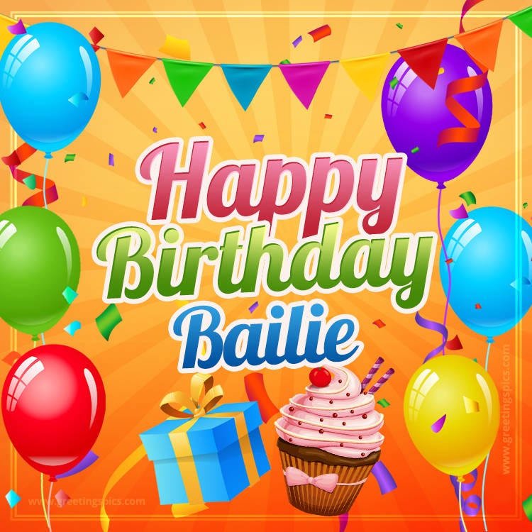 Happy Birthday Bailie eCard with gift box and cupcake (square shape image)