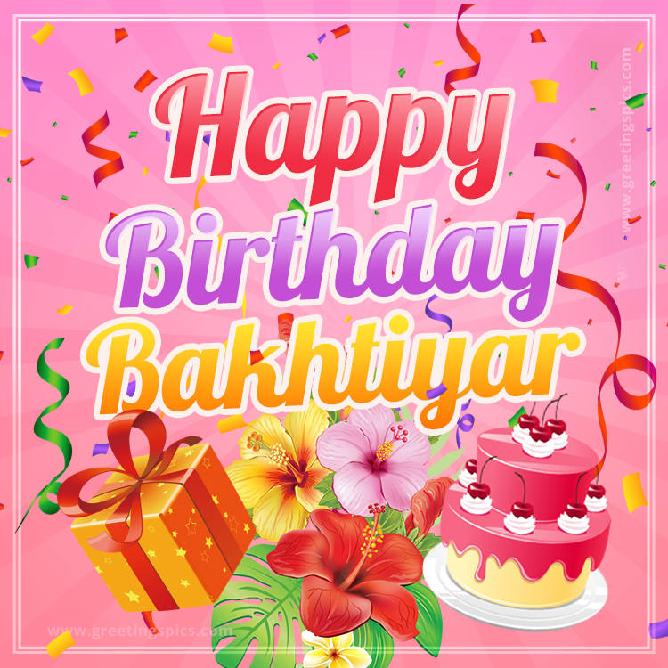 Beautiful Birthday Card for Bakhtiyar with pink background (square shape image)