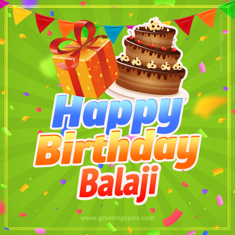 Happy Birthday Balaji picture with flags, chocolate cake and gift box (square shape image)