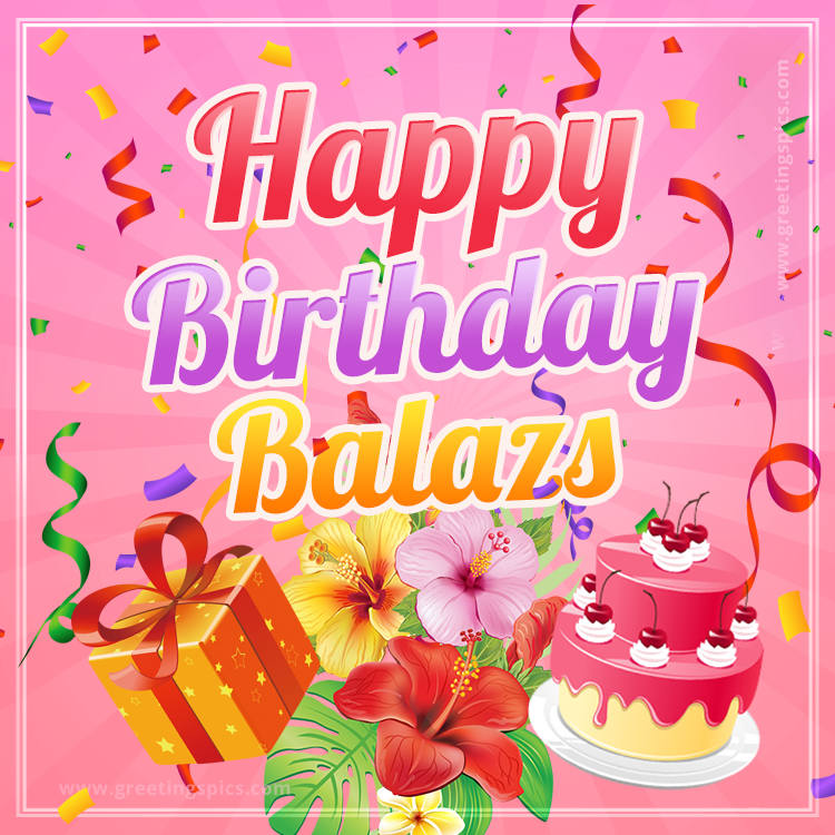 Beautiful Birthday Card for Balazs with pink background (square shape image)