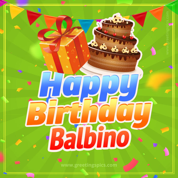 Happy Birthday Balbino picture with flags, chocolate cake and gift box (square shape image)