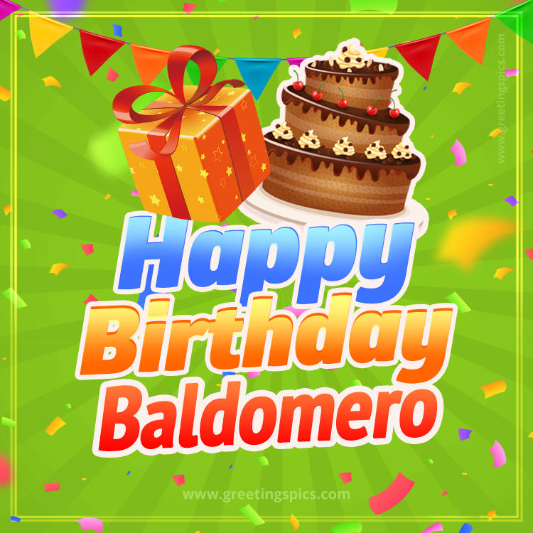 Happy Birthday Baldomero picture with flags, chocolate cake and gift box (square shape image)