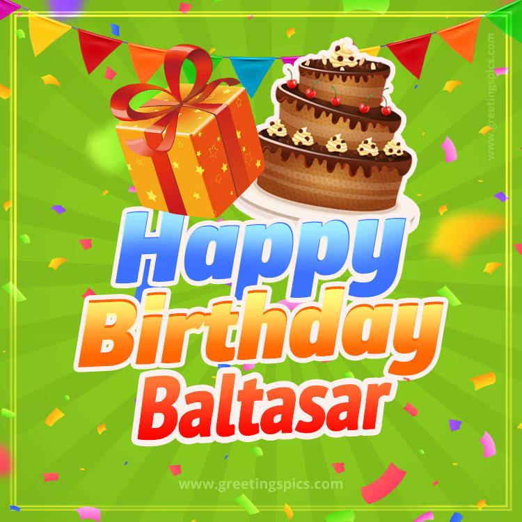 Happy Birthday Baltasar picture with flags, chocolate cake and gift box (square shape image)