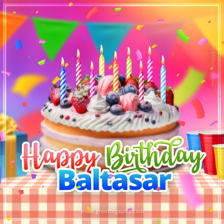 Happy Birthday Baltasar Colorful Image with fruit cake and candles (square shape image)