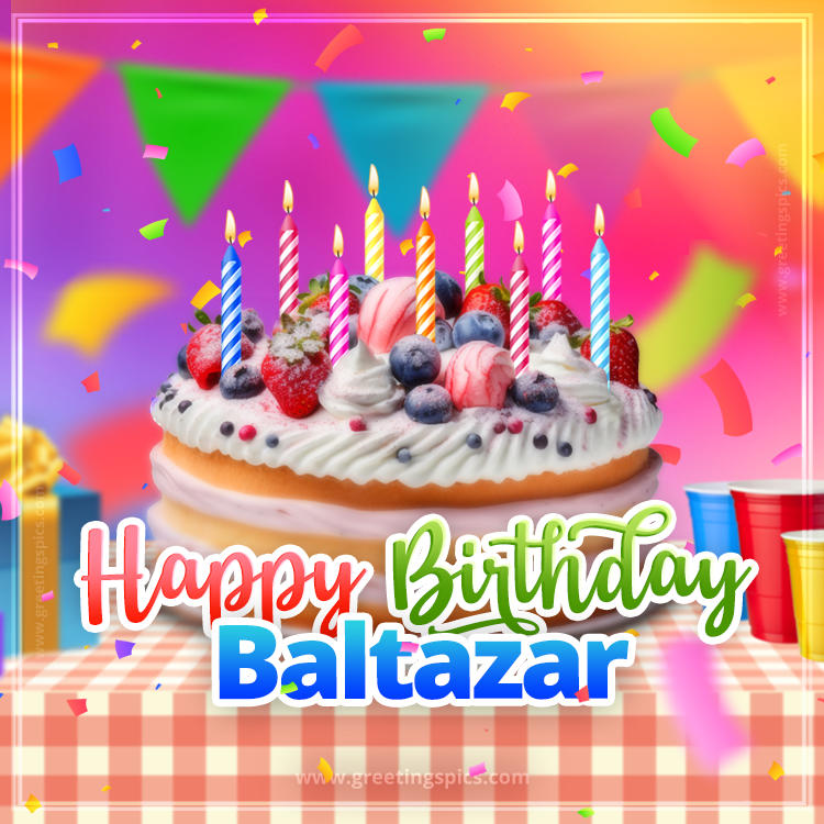 Happy Birthday Baltazar Colorful Image with fruit cake and candles (square shape image)