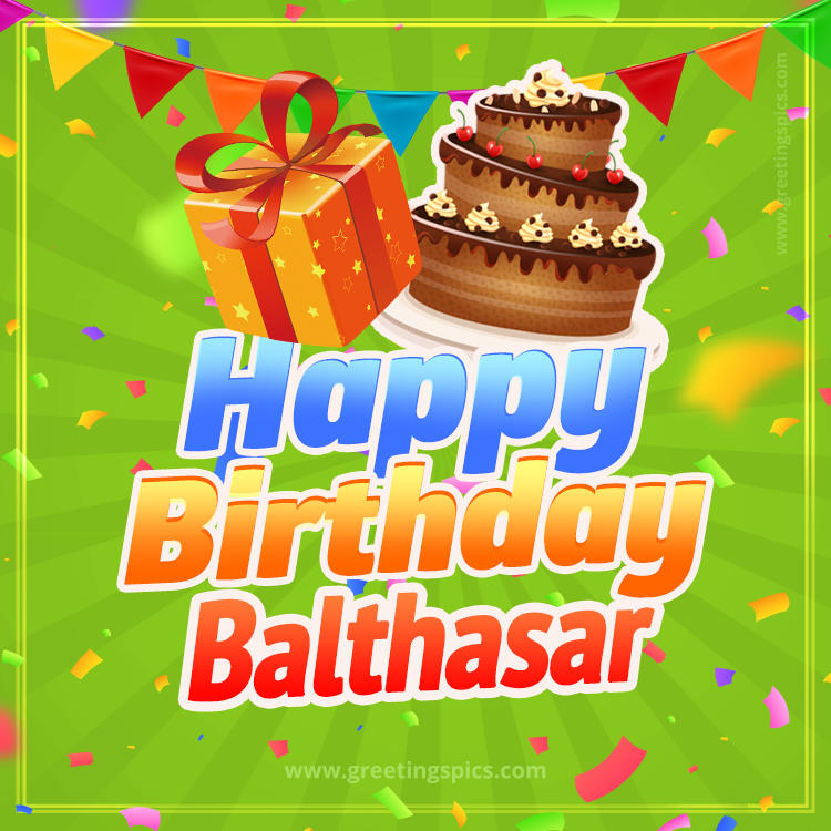 Happy Birthday Balthasar picture with flags, chocolate cake and gift box (square shape image)