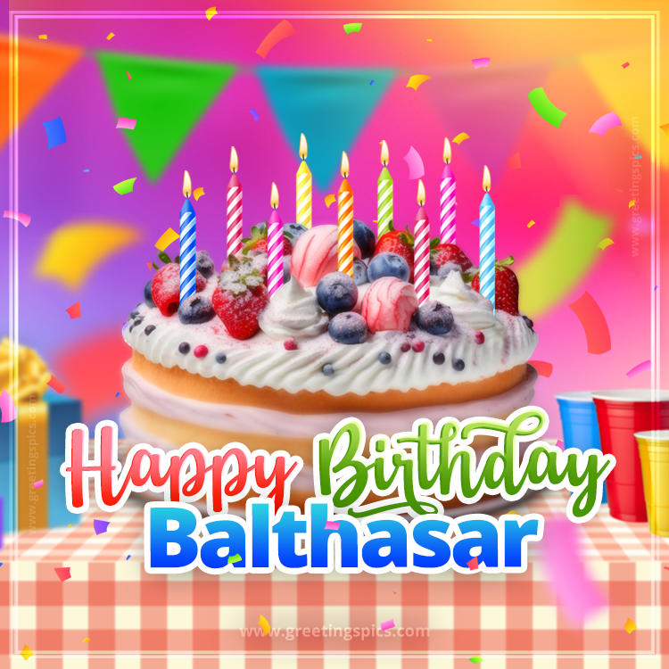 Happy Birthday Balthasar Colorful Image with fruit cake and candles (square shape image)