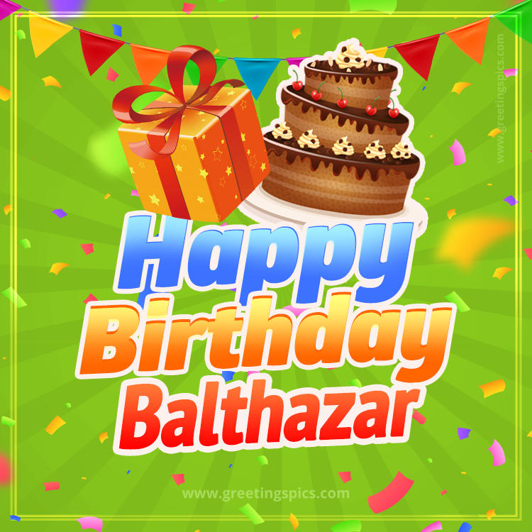 Happy Birthday Balthazar picture with flags, chocolate cake and gift box (square shape image)