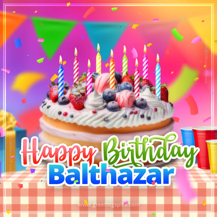 Happy Birthday Balthazar Colorful Image with fruit cake and candles (square shape image)