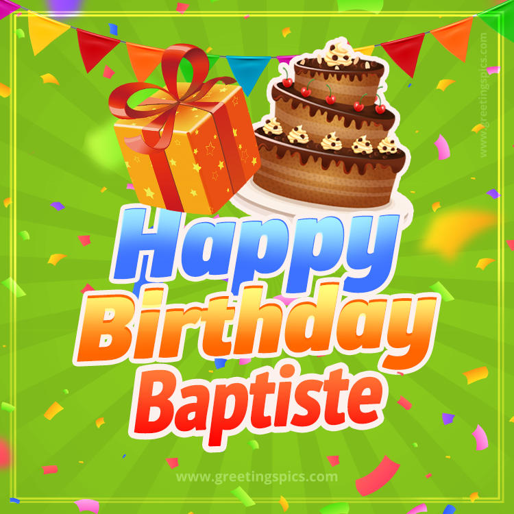 Happy Birthday Baptiste picture with flags, chocolate cake and gift box (square shape image)