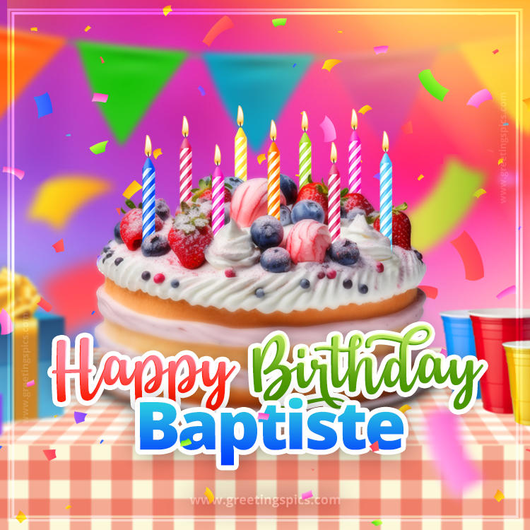 Happy Birthday Baptiste Colorful Image with fruit cake and candles (square shape image)