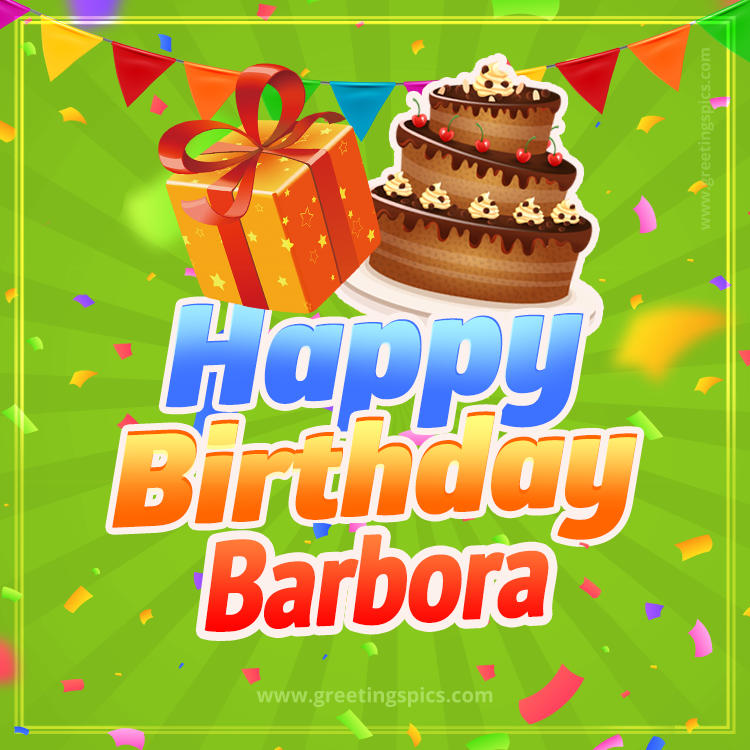 Happy Birthday Barbora picture with flags, chocolate cake and gift box (square shape image)