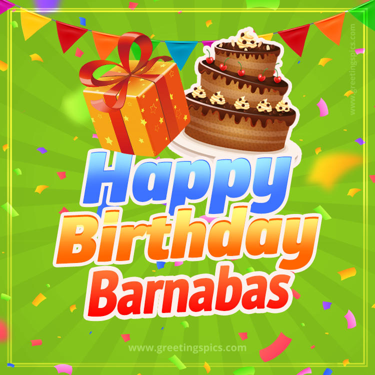 Happy Birthday Barnabas picture with flags, chocolate cake and gift box (square shape image)