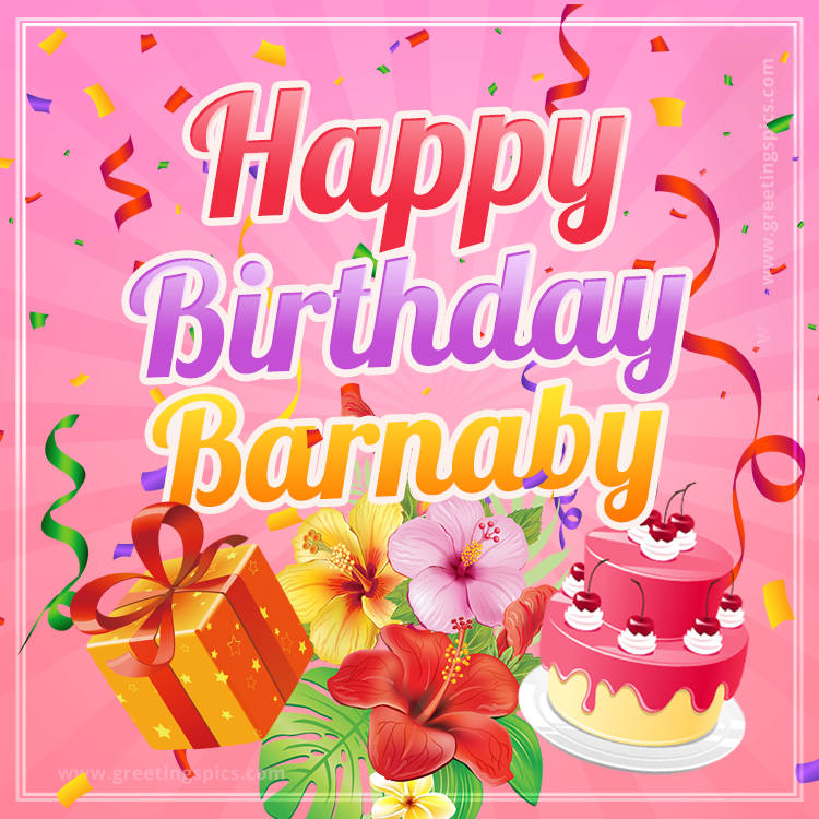 Beautiful Birthday Card for Barnaby with pink background (square shape image)