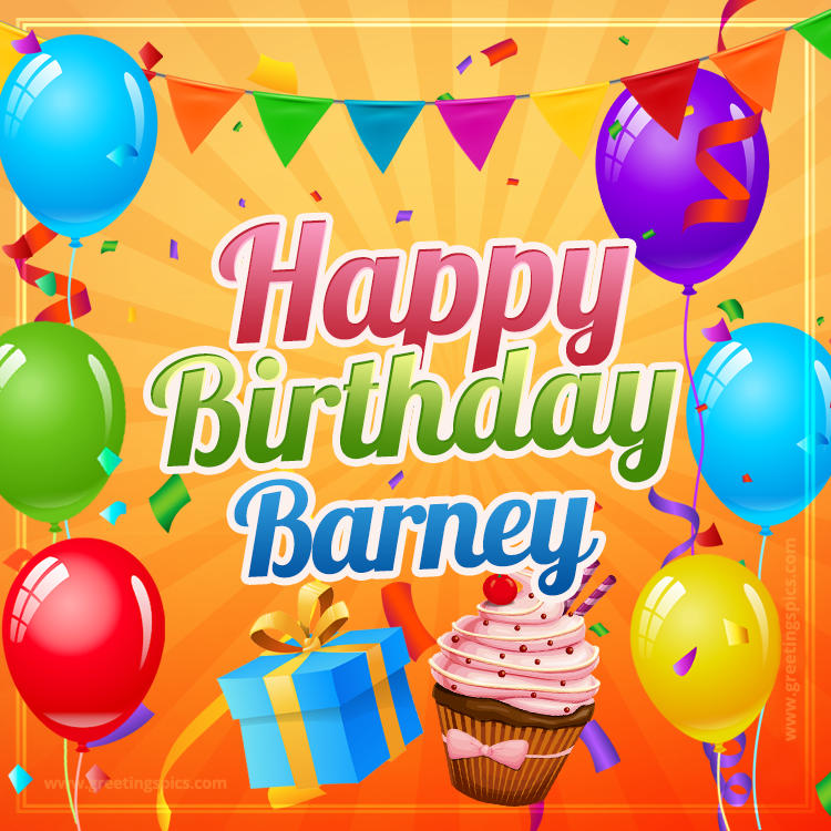 Happy Birthday Barney eCard with gift box and cupcake (square shape image)