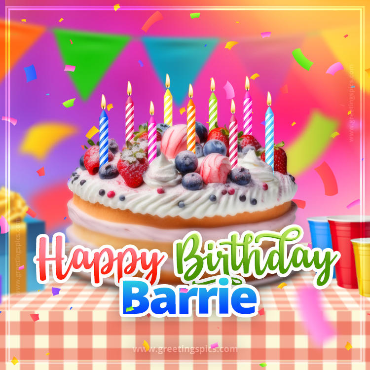 Happy Birthday Barrie Colorful Image with fruit cake and candles (square shape image)